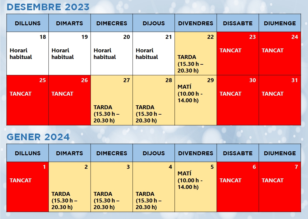 Horaris Nadal 2023-2024