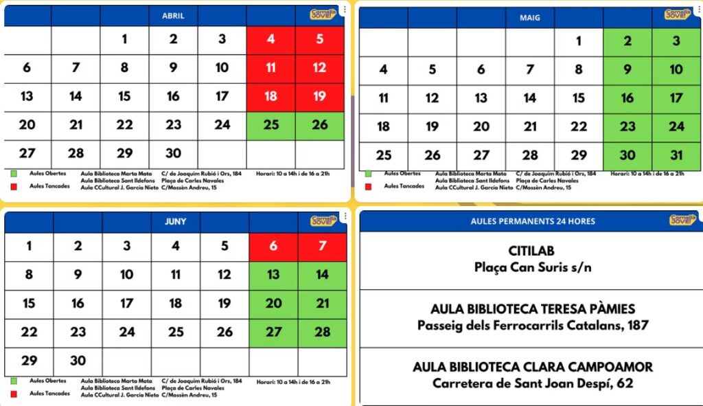 Horaris de les aules d'estudi municipals al període primavera-estiu 2026